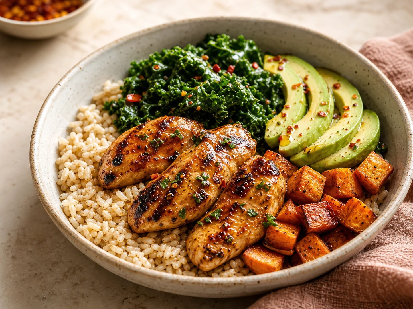 A finished plated chicken, rice, greens, and avocado meal