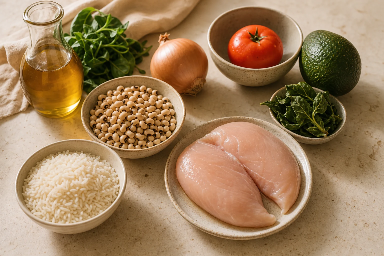 Raw pantry and fridge ingredients on a cream kitchen counter